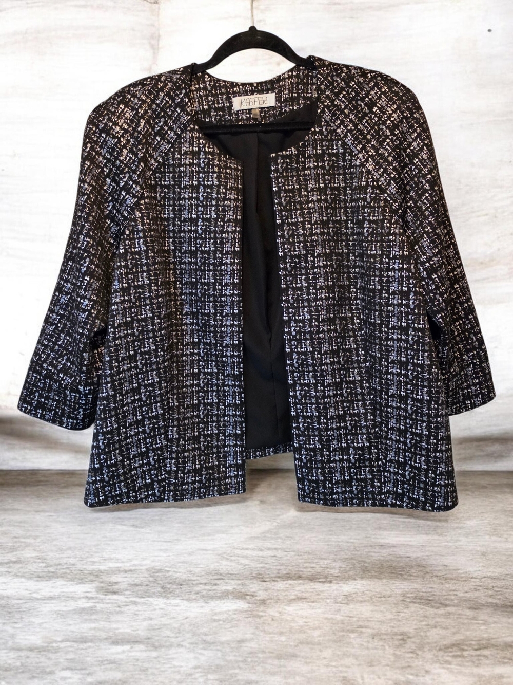 Kasper Black & White Speckled Collarless  Jacket with Gold Accents